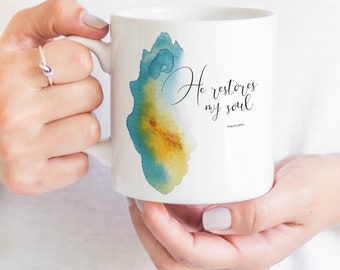 White ceramic mug Psalm 23:3 RSV  "He restores my soul" | Bible verse with watercolor abstract | Microwave/dishwasher safe | FREE SHIPPING