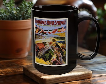 Vintage Indianapolis Speedway Poster Mug, Retro Racing Art, 15oz