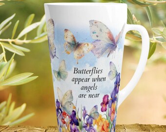 Large 17oz latte ceramic mug | "Butterflies appear when angels are near" Thoughtful gift | Microwave and dishwasher safe | Free shipping