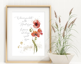 Watercolor Poppy Art Print, Loss Sentiment, Gold Accents (Digital Download)