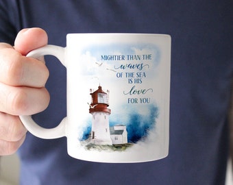 White mug Psalm 93:4 "Mightier than the waves of the sea is his love for you" featuring lighthouse | Microwave/dishwasher safe | friend gift