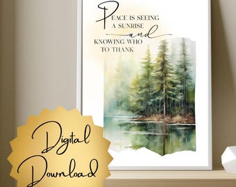 Christian Quote Watercolor Print, Peace Sunrise Forest Art (Digital Download)