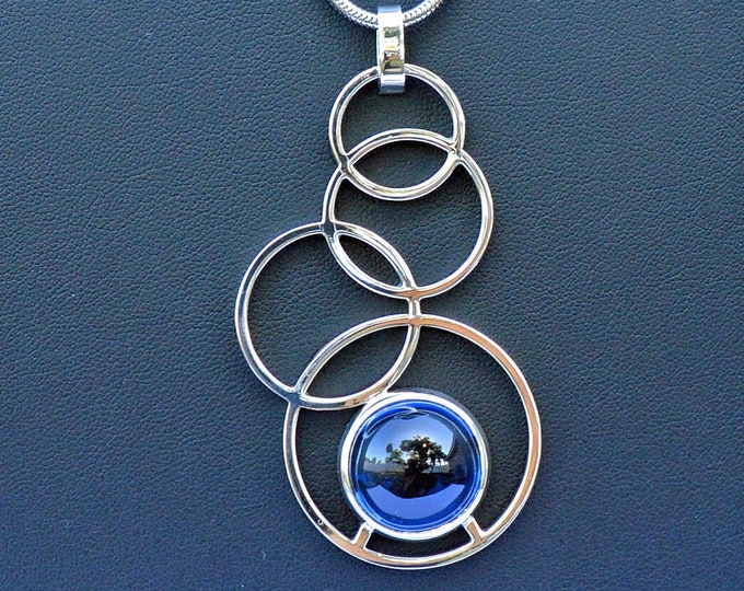 Multi Circle Pendant, Modern Style, Synthetic Blue Sapphire, Handcrafted Sterling Silver 925 Pendant - Handcrafted