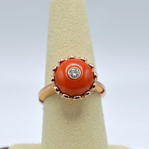 RED CORAL & Diamond Ring, 18k Yellow Gold - Handcrafted