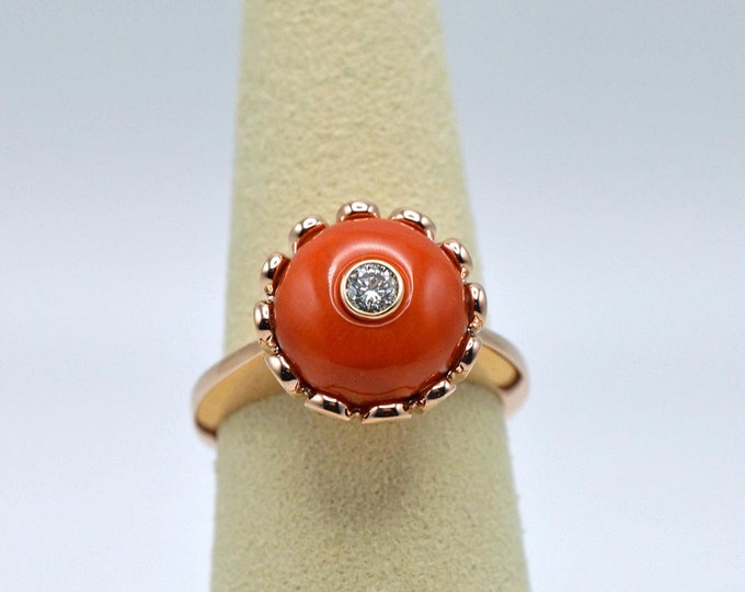 RED CORAL & Diamond Ring, 18k Yellow Gold - Handcrafted