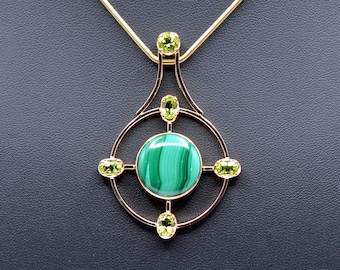 MALACHITE & PERIDOT Unique shaped Pendant Handcrafted in 14K Yellow Gold