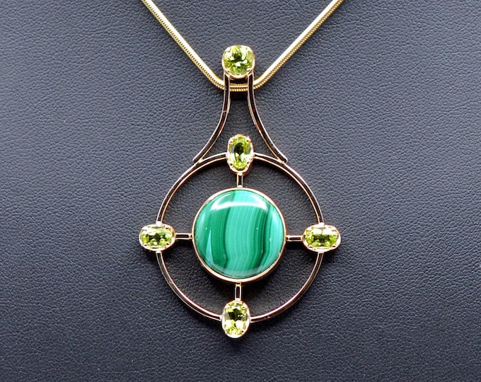MALACHITE & PERIDOT Unique shaped Pendant Handcrafted in 14K Yellow Gold