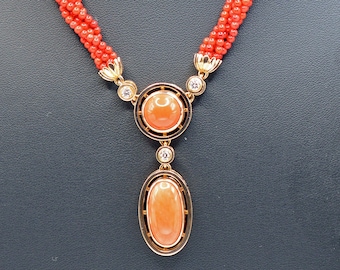 Mediterranean Natural Red Coral and Diamond Necklace, Handcrafted -14k Rose Gold - Handcrafted