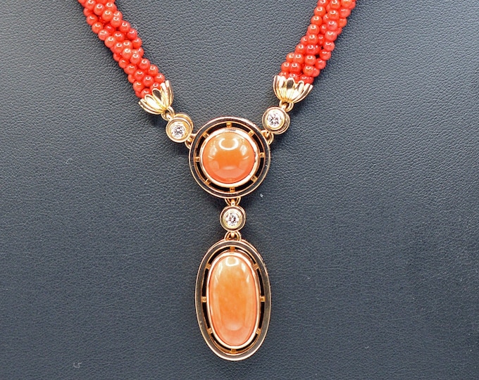Mediterranean Natural Red Coral and Diamond Necklace, Handcrafted -14k Rose Gold - Handcrafted