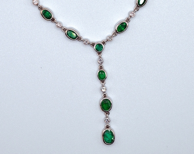 Emerald and Diamond Necklace Handcrafted in 18k White  Gold