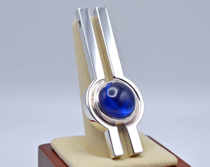 Modern Style, Synthetic Blue Sapphire, Handcrafted Sterling Silver 925 Pendant - Handcrafted
