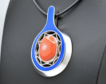 Mediterranean Red Coral and Blue Enamel Pendant, Handcrafted,  Sterling Silver 925
