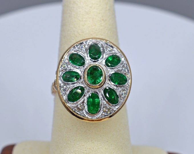 Emerald & Diamond Ring, 18k Gold and Platinum-Handcrafted