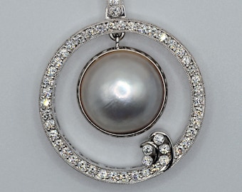 Pearl Diamond Pendant, 52 Diamonds, 14k White Gold  (Handcrafted)