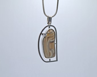 Striped Flint & Round Cubic Zirconia, Handcrafted -Sterling silver 925 Pendant - Handcrafted