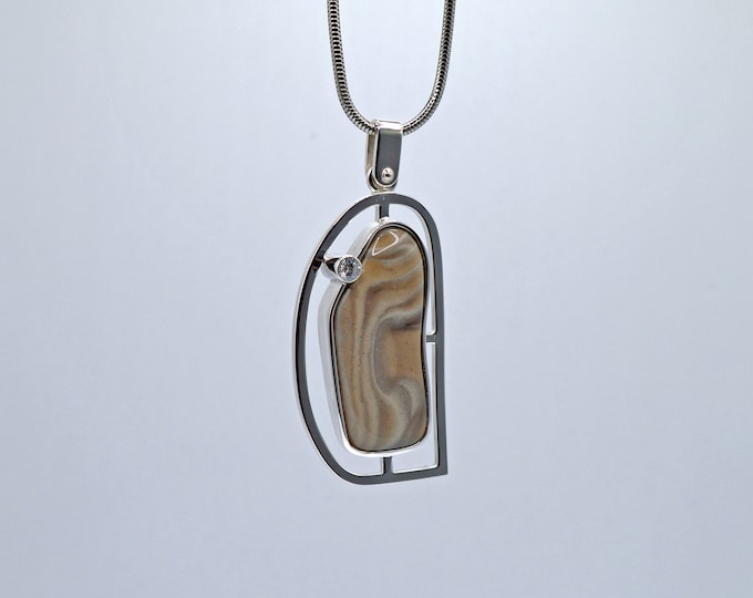 Striped Flint & Round Cubic Zirconia, Handcrafted -Sterling silver 925 Pendant - Handcrafted
