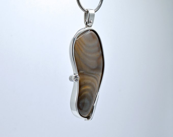 Striped Flint & Round Cubic Zirconia, Handcrafted, Sterling silver 925 Pendant