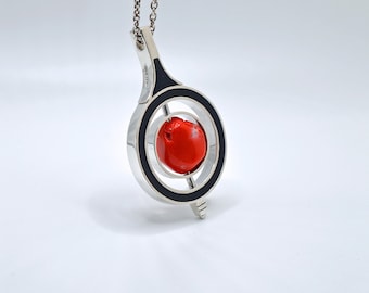 Handcrafted Mediterranean Red Coral Sterling Silver Pendant with Black Enamel