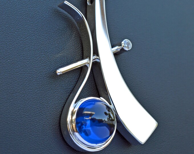 Modern Style, Synthetic Blue Sapphire, Cubic Zirconia, Handcrafted, Sterling Silver 925 Pendant