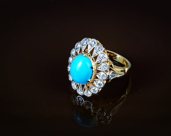 TURQUOISE & DIAMOND RING , 18 flawless diamonds 1.72 carat, 18k white and yellow gold (Handcrafted)