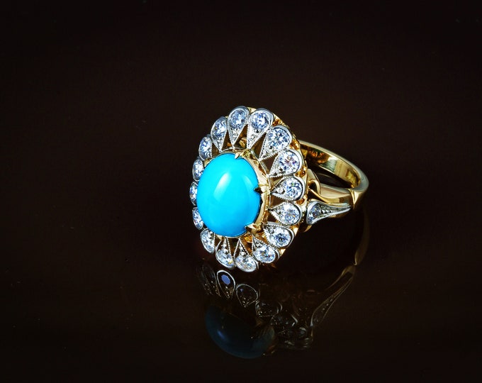 TURQUOISE & DIAMOND RING , 18 flawless diamonds 1.72 carat, 18k white and yellow gold (Handcrafted)