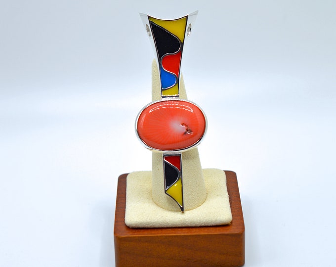 Modern Style, Mediterranean Red Coral and Multi Color Enamel Handcrafted in Sterling Silver 925 Pendant - Handcrafted