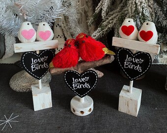 Pair of Red or White Love Birds on Branch/ Valentine&#39;s Day Tiered Tray Decoration/ Upcycled Vintage / Gift for Her/ Gift for Him