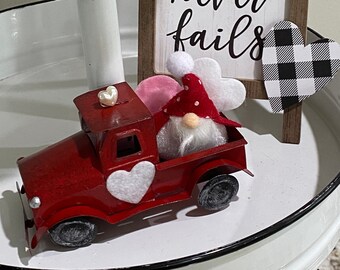 Valentine&#39;s Day Decor 4.5&quot; Red Metal Truck with Gnome / Tiered Tray Decoration/ Gifts for Him/ Gifts for Her