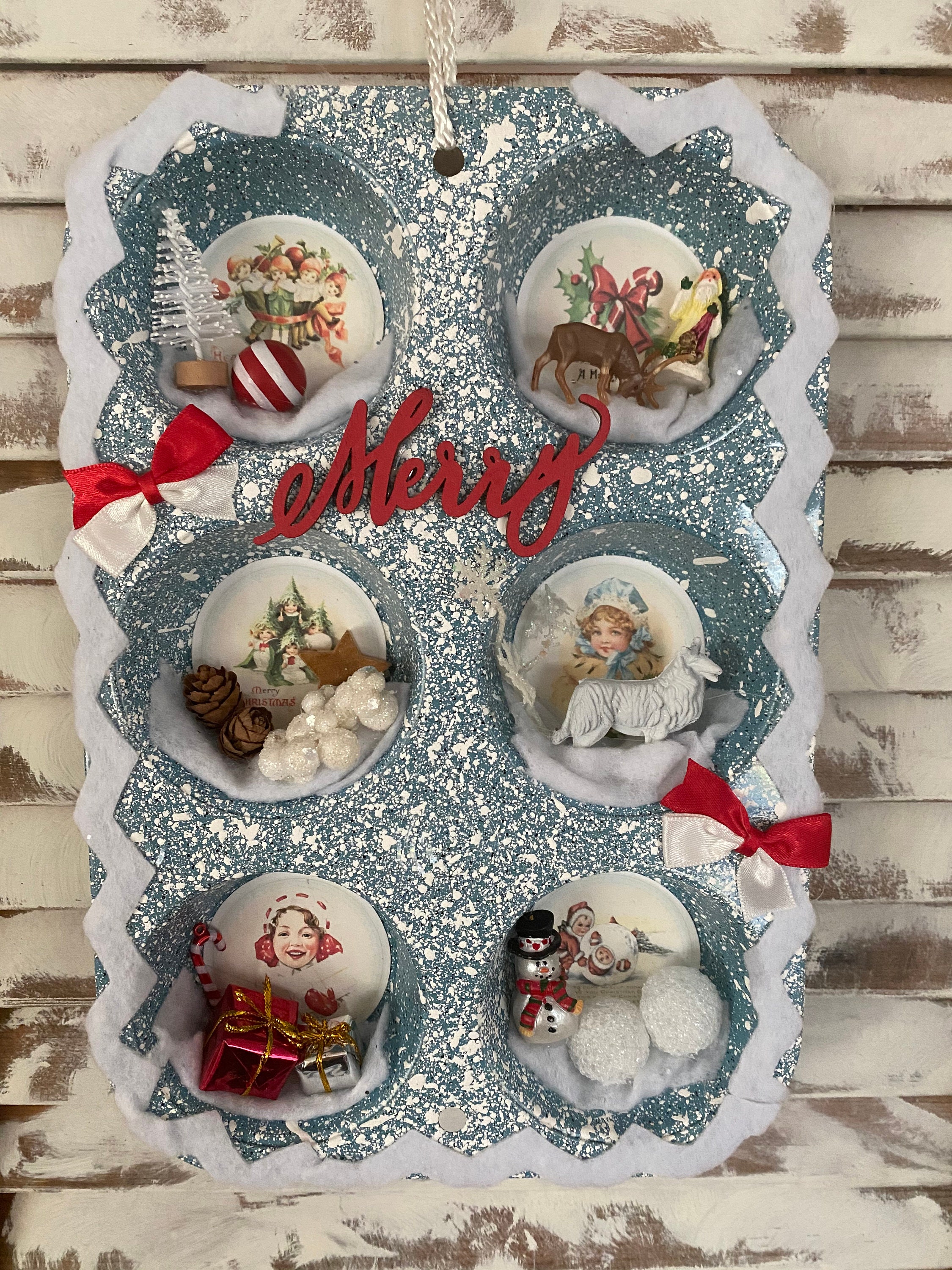 Primitive Western Cowboy Red White Merry Christmas Decorated Upcycled  Muffin Tin/Snow Frosted Vintage Reproduction/Wall Hanging