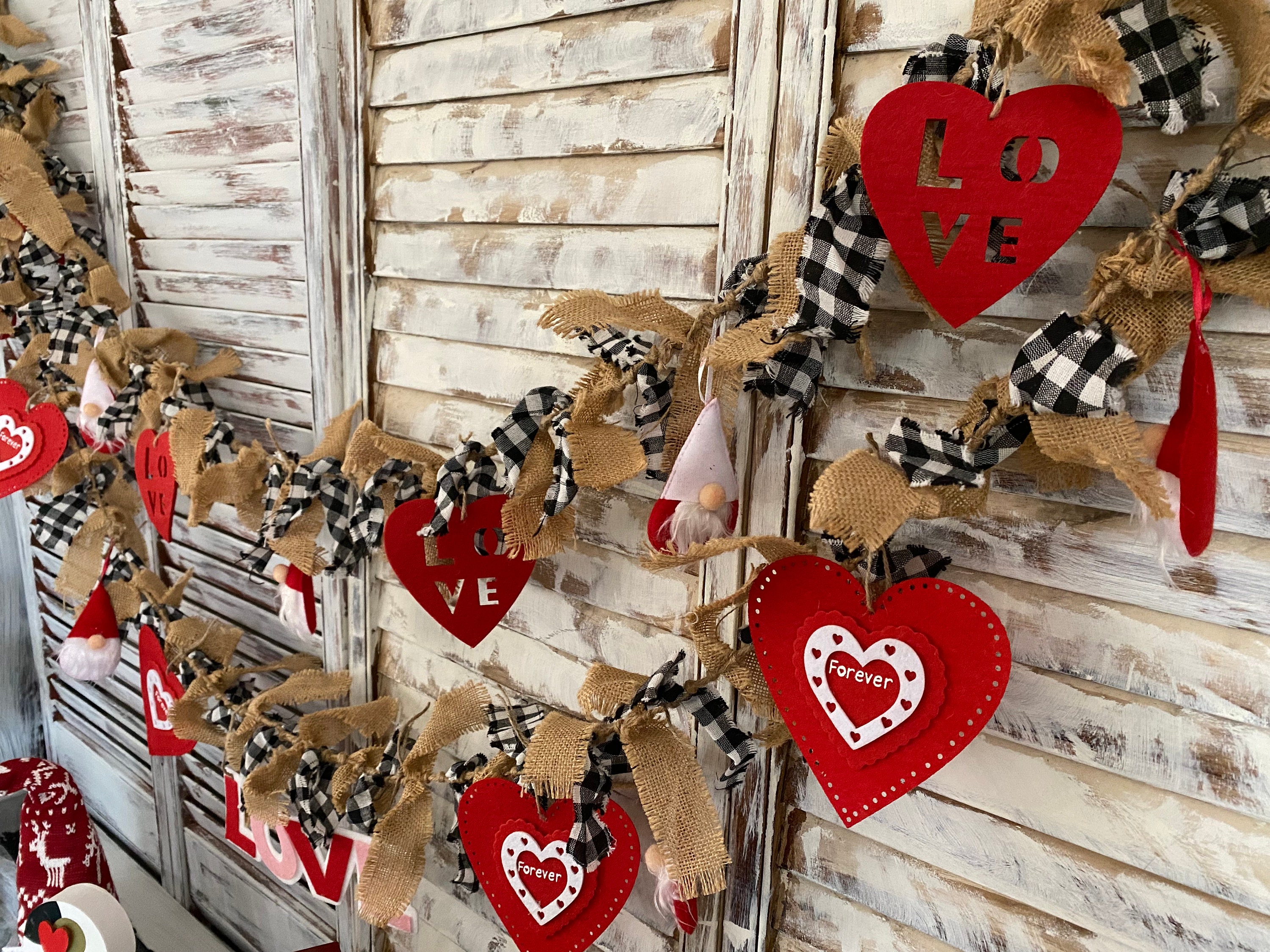 Black & White Plaid/Red Heart Gnome Valentine's Day Fabric Burlap Rag Tied Banners/ Love Forever/Shabby Chic