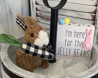 Black White Plaid Straw Bunny Tiered Tray Decoration/ Easter Spring Bundle/ I&#39;m Here for the Jellybeans Wooden Sign