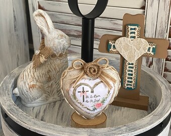 French Cottage White Bunny, Cross, Heart Spring Easter Tiered Tray Bundle/ Christian/ He is Risen, As He Said
