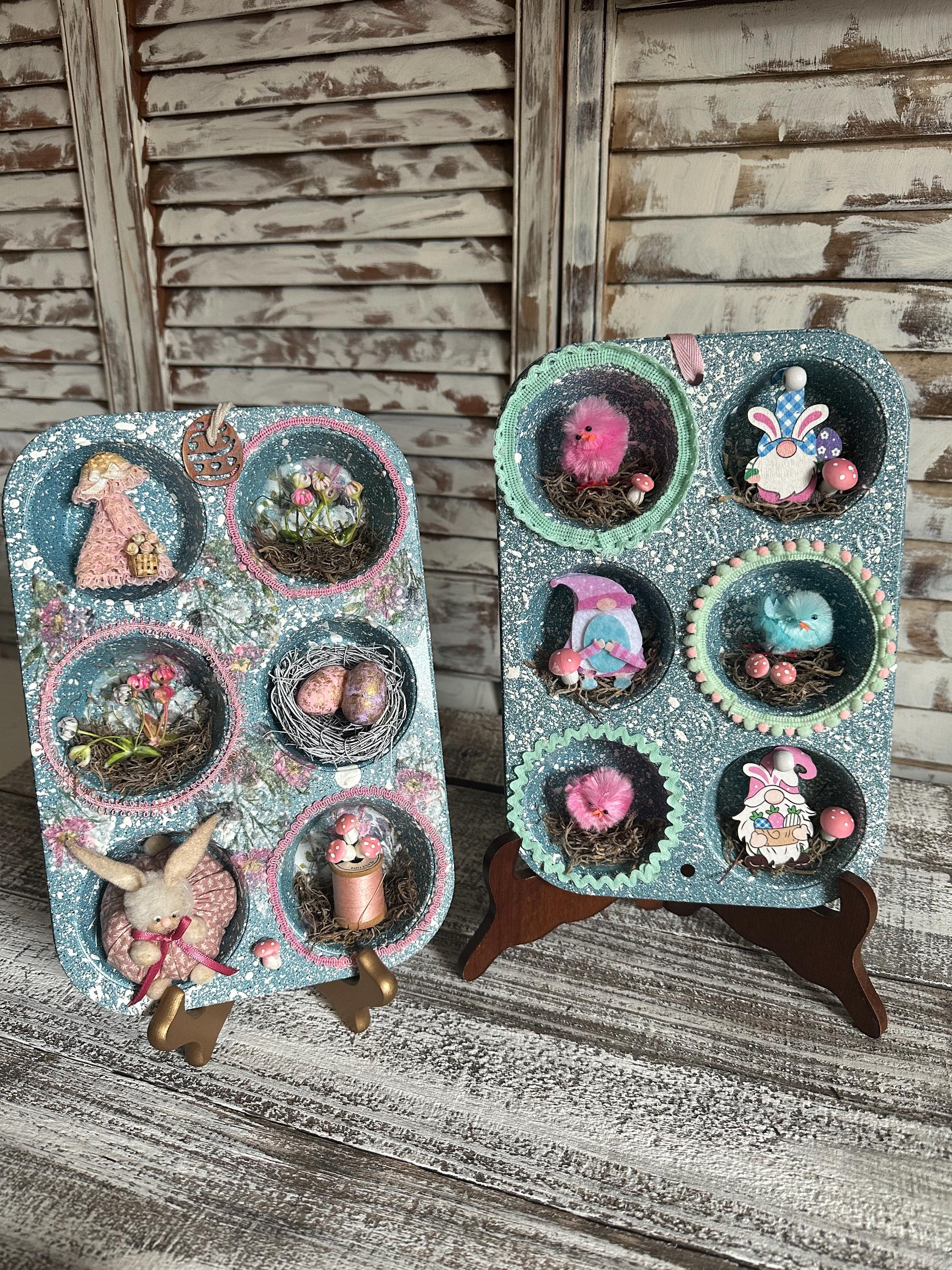 Primitive Muffin Tin Assemblage/Easter/Spring Decor/Blue Pink Gnome Peeps/Bunnies/Bird Nest