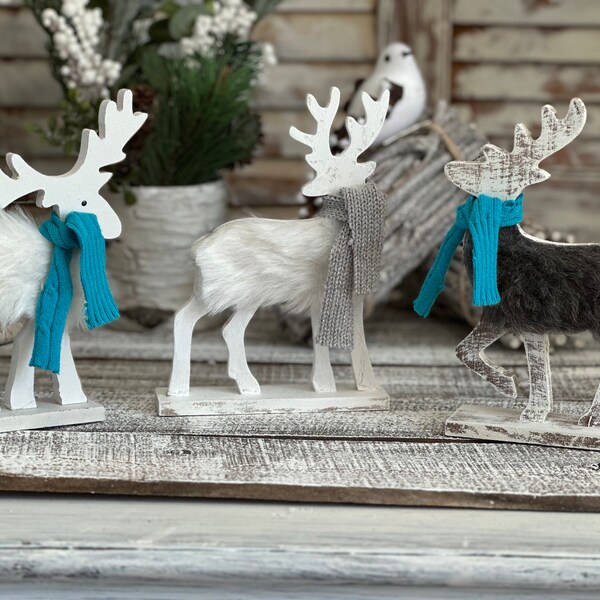 Baby Its Cold Outside Winter White Deer/Moose Wooden Shelf Sitters/Blue Silver Scarves/Tiered Tray Decor/Baby Bridal Shower/First Birthday