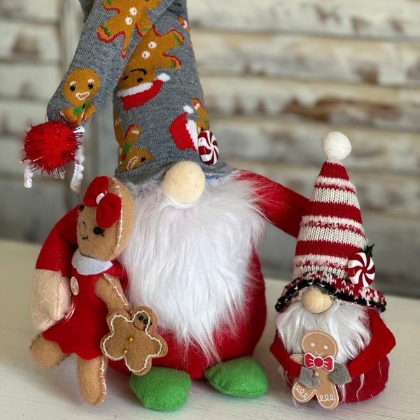 Upcycled Sweater Gingerbread Gnome Tiered Tray Decor/Ornament/Peppermint/Gingham/Grey/Red