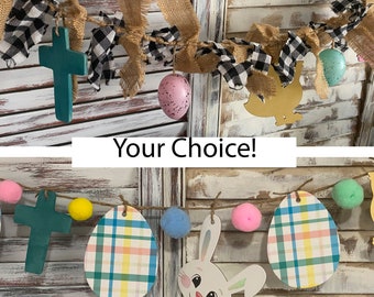 Black and White Plaid-Pastel Farmhouse Burlap Fabric Easter/Spring Banners/ Your Pick/ Shabby Chic/ Bunnies, Chicks, Crosses, Eggs