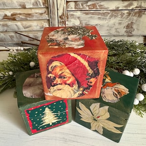 Retro Kitschy Christmas Red Green Mid-Century Vintage Image Wooden Blocks/ Painted/Decoupaged
