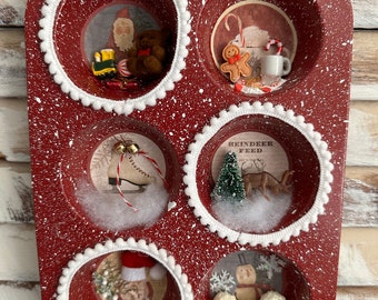 Primitive Merry Christmas Decorated Upcycled Gray Speckled Muffin Tin  Vintage Reproduction/wall Hanging/tabletop/tiered Tray Decor 