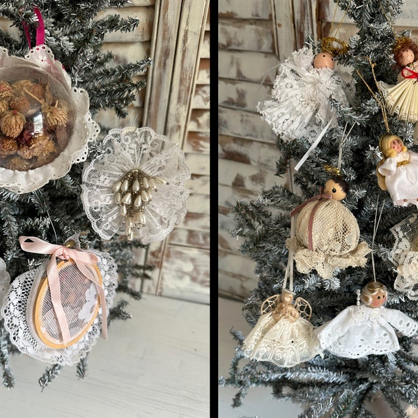 Set of 7 Vintage Lacey Angel/Potpourri Christmas Tree Ornaments/ Embroidery Ring White Beige