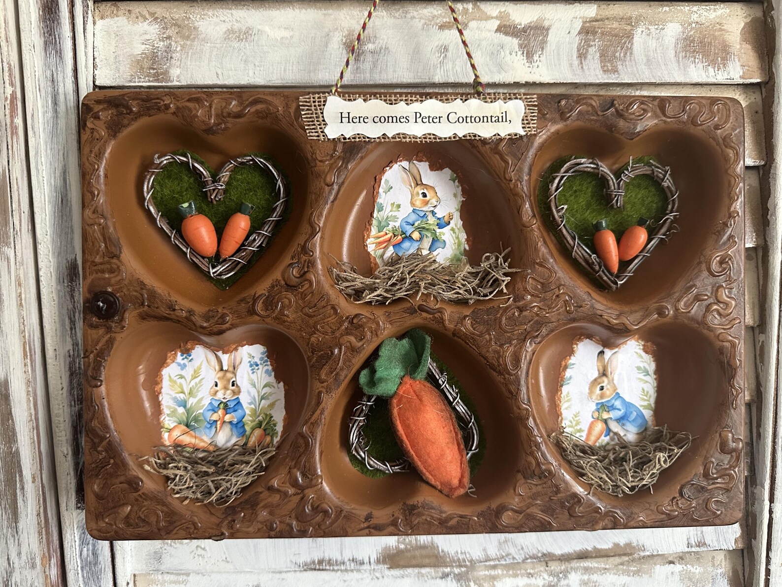Rustic Grunge Primitive Peter Rabbit Easter Decor/muffin Tin Assemblage ...