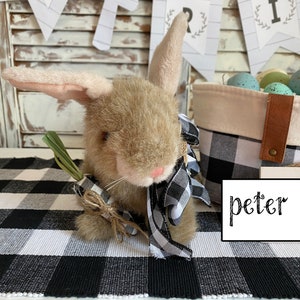 May include: A plush brown bunny rabbit holding a green and brown carrot. The bunny is wearing a black and white checkered ribbon. The bunny is sitting on a black and white checkered table runner. The text "peter" is written on a white card.