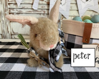 Carrot Patch &quot;Adopt a Bunny&quot; Upcycled Plush Velveteen Type Bunny Rabbits with Papers/Black & White Plaid Easter Decorations/Gift