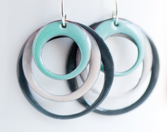 Large Hoop Earrings, Modern Earrings, Minimalist Jewelry, Geometric Jewelry, Mint Green White Gray, Handmade Ear Wires, Zen Garden, Calm