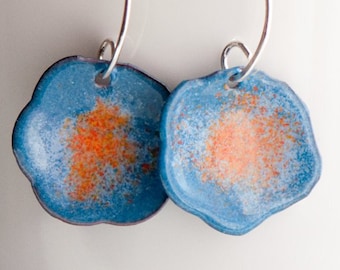 Blue and Orange Copper Enamel Flower Earrings, Torched Fired Jewelry, Handmade Sterling Silver Ear Wire, Handmade Artisan Enamel Jewelry