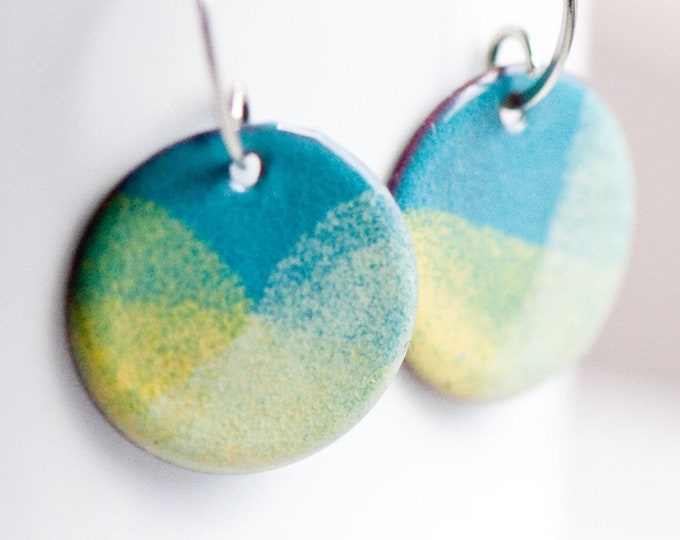 Penny Size 3/4 inch Copper Enameled Earrings, Blue Yellow Cream, Sterling Silver Ear Wires, Bright Fresh Jewelry