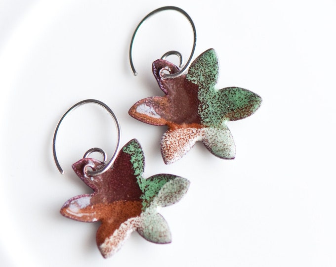 7/8 inch Flower Earrings in Green Brown Cream, Torch Fired Copper Enamel, Handmade Sterling Silver Ear Wires, Gift for Gardener, Earthy