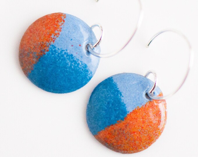 Colorful Earrings, Copper Enamel, Blue Orange, Handmade Sterling Silver Ear Wires, 5/8 inch (15mm) Discs, Boho Dangle Drop Earrings