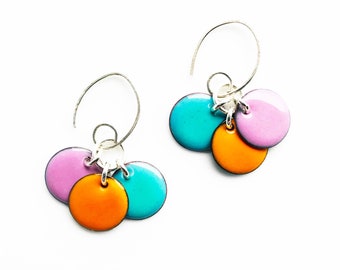 Colorful Dangle Enamel Earrings | Casual Fun Boho Chic Artisan Jewelry | Handmade Sterling Silver Ear Wires | Casual & Fun