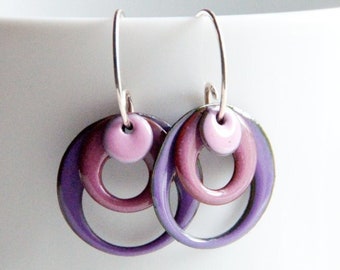 Small Hoop Earrings, Hippie Boho, Copper Enamel, Artsy Earrings, Handmade Sterling Ear Wires, Pink and Purple, Dangle Earrings, Sexy Earring