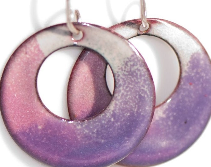 Artsy Boho Enamel Earrings, Handmade Copper Enamel, Purple Pink Cream, Torch Fired, Handmade Sterling Silver Wires